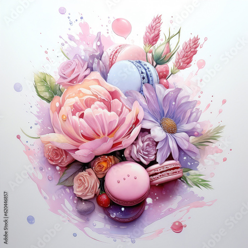 Sweet and colorful set of hand painted watercolor macaroons isolated on white background.Almond blossom . Watercolor illustration .Generative AI technology