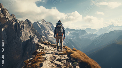Freedom and Adventure: Landscape shot of someone hiking up a mountain. Adventure up the hills in a overwhelming surrounding. Generative AI © Nico Vincentini