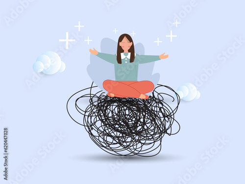 Woman in lotus meditation on chaos mess line with positive energy. Stress management, meditation or relaxation to reduce anxiety, control emotion during problem solving or frustration work concept.