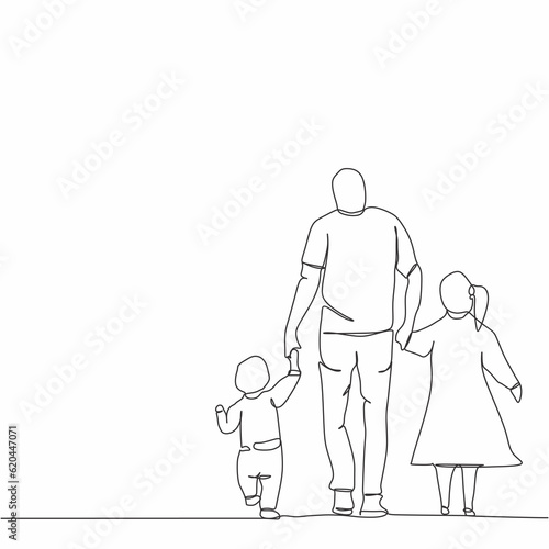 One continuous single line of father with his children isolated on white background.