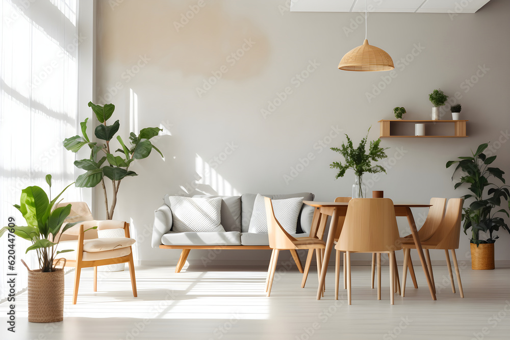 Fototapeta premium Minimalist white and grey living room, Scandinavian interior design, minimalism, wooden table and chairs against grey wall with sideboard