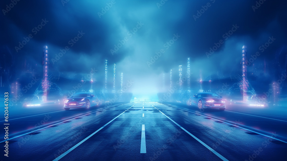 Racing finish line on asphalt with blue lamps illuminati . Generative AI