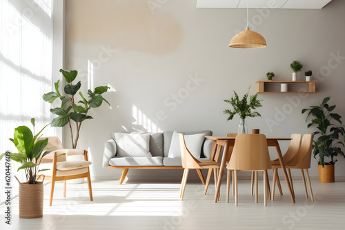 Minimalist white and grey living room, Scandinavian interior design, minimalism, wooden table and chairs against grey wall with sideboard