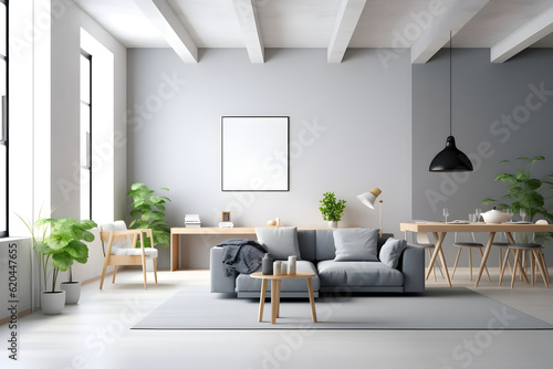 Minimalist white and grey living room  Scandinavian interior design  minimalism  wooden table and white chairs against grey wall with sideboard