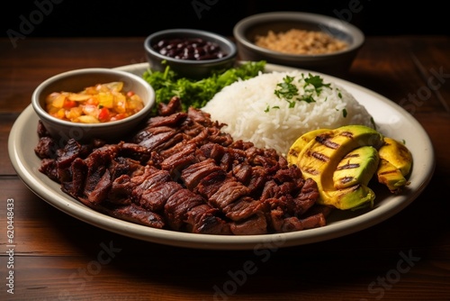 A plate of meat, beans, rice, and vegetables. AI