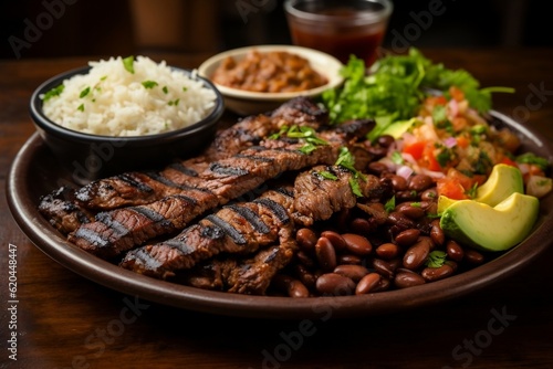 A plate of meat, beans, rice, and vegetables. AI
