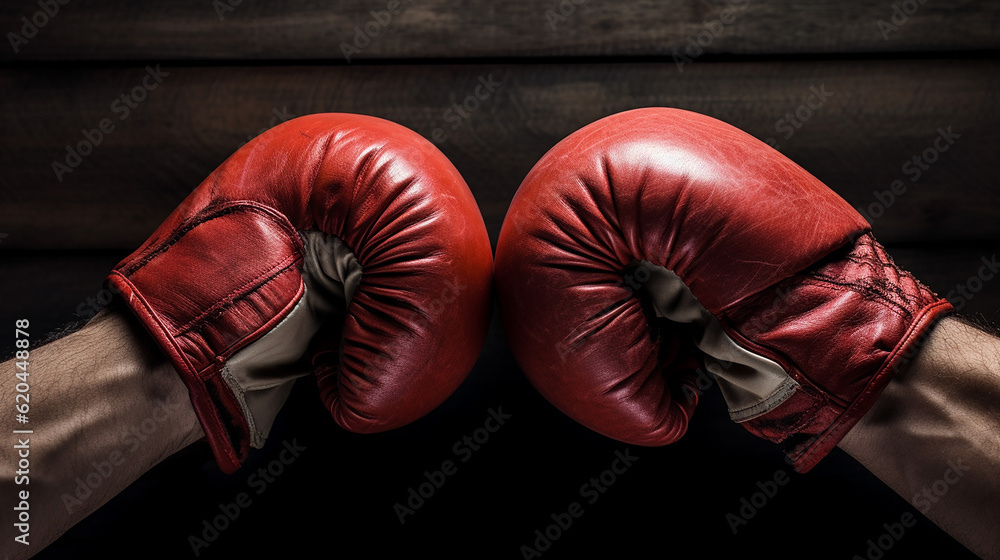 Two male hands in boxing gloves sports confrontation. Generative AI