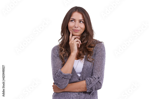 Thinking, idea and woman with choice and decision on isolated, png and transparent background. Advertising, wonder and female person pose with thoughtful face for problem solving, solution and doubt