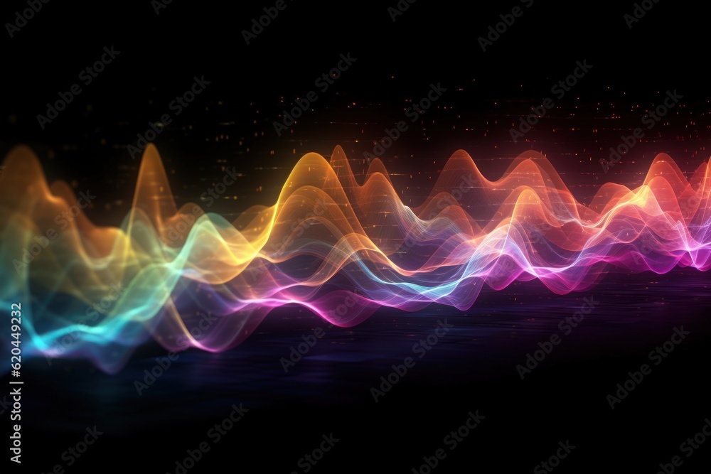 Visualization of sound waves. Abstract futuristic background with colorful glowing neon moving high speed wave lines and bokeh lights. Data transfer concept. Fantastic wallpaper. Generative AI Visualization of sound waves. Abstract futuristic background with colorful glowing neon moving high speed wave lines and bokeh lights. Data transfer concept. Fantastic wallpaper. Generative AI