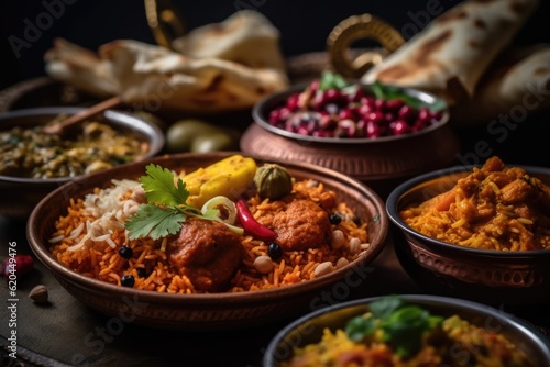 Assorted indian home food, different dishes and snacks on wooden rustic table, biryani, chicken pulao, fruits and vegetables