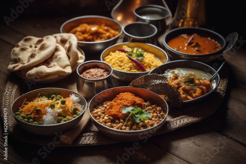 Indian lunch or dinner main course food in group includes chana masala, dal, roti, rice etc
