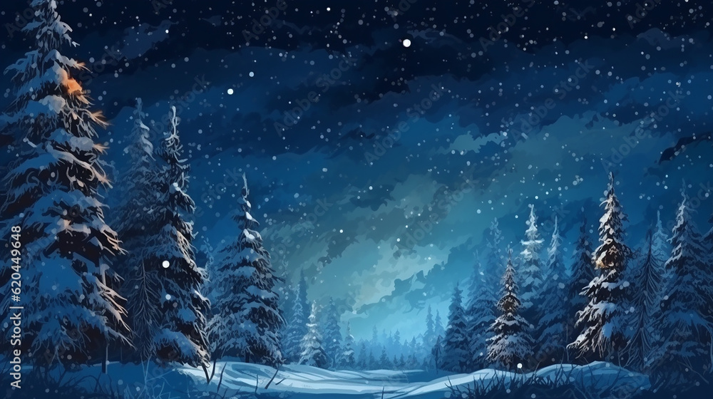 Winter night forest falling snow in the air Christmas. Generative AI