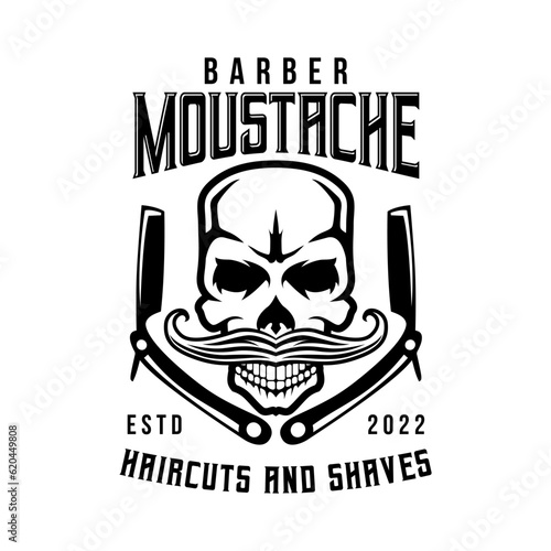 Skull mustache Skull barber shop logo icon symbol black and white