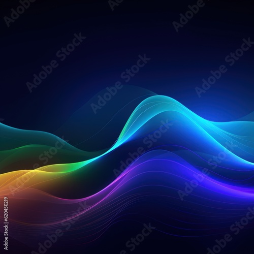 Visualization of sound waves. Abstract futuristic background with colorful glowing neon moving high speed wave lines and bokeh lights. Data transfer concept. Fantastic wallpaper. Generative AI