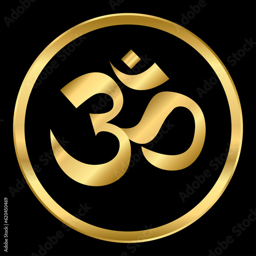 Gold Sacred OM sign on black background.