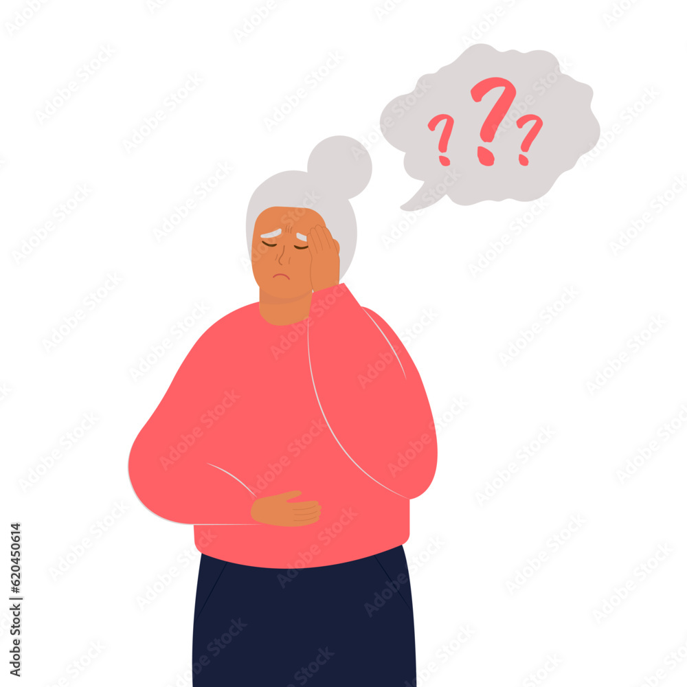 Older woman has Alzheimer’s disease and a question above her in the speech bubble. Loss of short-term memory, difficulty concentrating, problems planning and pondering things are symptoms of dementia. Older woman has Alzheimer’s disease and a question above her in the speech bubble. Loss of short-term memory, difficulty concentrating, problems planning and pondering things are symptoms of dementia.