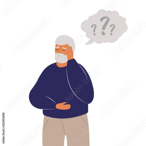 Older man has Alzheimer’s disease and a question above him in the speech bubble. Loss of short-term memory, difficulty concentrating, problems planning and pondering things are symptoms of dementia.