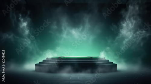 Futuristic abstract empty podium in modern tech style with glowing neon light,3D widescreen background product presentation and Innovation showcase concept,smoke and spotlight background.Generative AI