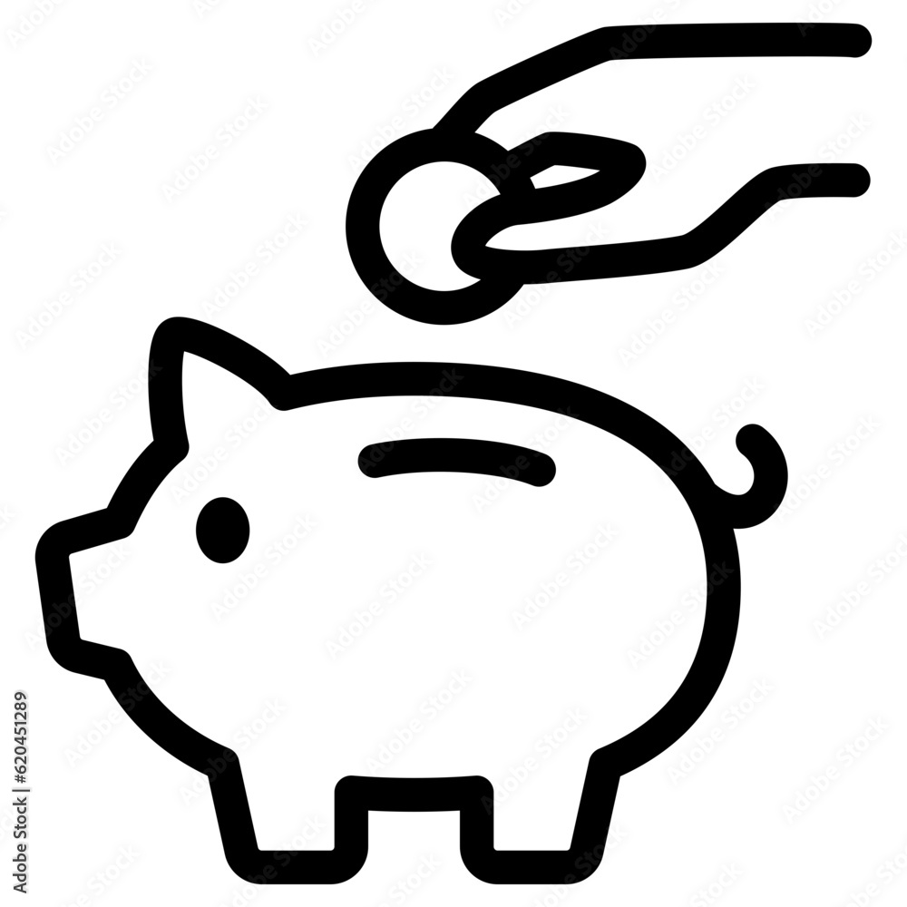 Hand putting coin into a piggy bank, Save money concept, Vector outline illustration. Hand putting coin into a piggy bank, Save money concept, Vector outline illustration.