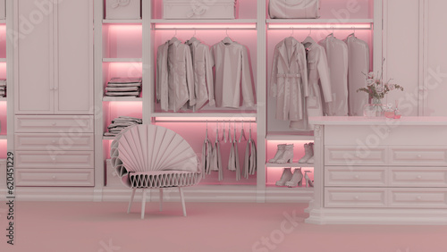 Beige walk in closet with wardrobe. Clothes on a hanger, luxury armchair storage shelf in pastel coral background. 3d rendering, concept for shopping store and bedroom, studio, life style © Tiviland