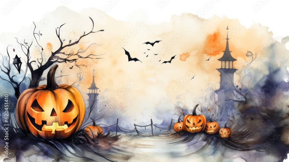 Spooky Halloween pumpkin bat and cross in watercolor style for erie holiday art, Generative AI Spooky Halloween pumpkin bat and cross in watercolor style for erie holiday art, Generative AI