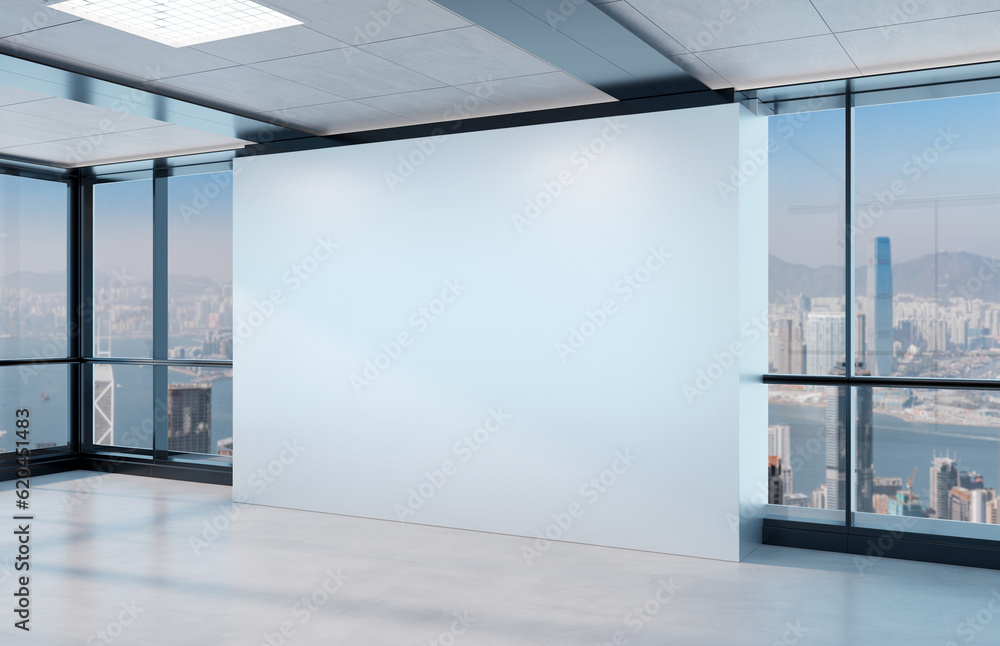 Blank wall Mockup in bright office with windows. Company interior 3D rendering Blank wall Mockup in bright office with windows. Company interior 3D rendering