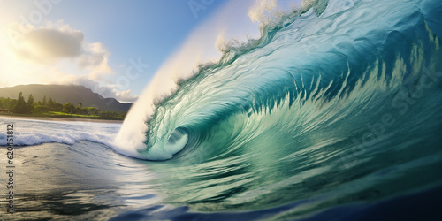 The perfect ocean blue breaking wave barrel to surf. Generative AI illustration © JoelMasson