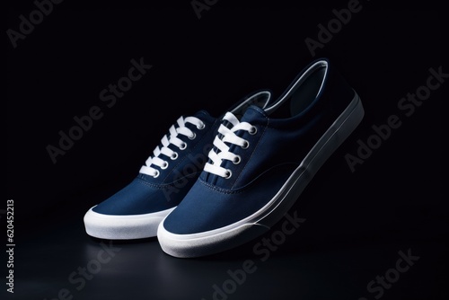 Pair of blue low top sneakers on a dark background