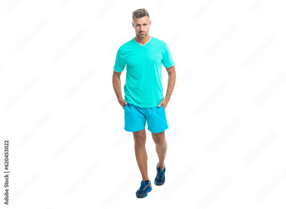 sporty athletic sportsman in sportswear for man to do sport and fitness training in gym isolated on white studio background