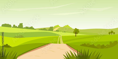 Cartoon rural grassland landscape, rural lane road to horizon through green pasture meadows with grass and trees in fields, summer farmland panorama. Farm field landscape vector illustration.