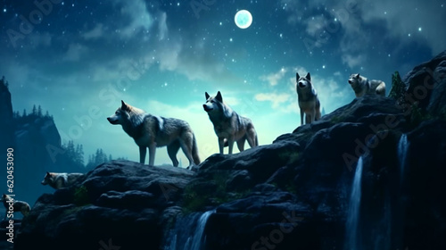 wolves howling on a cliff
