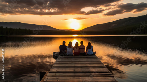 Group of friends sitting on dock in the evening watching sunset