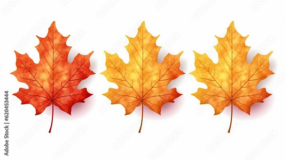Fototapeta premium Set of realistic autumn yellow red orange leaves isolated on white background. Generative AI