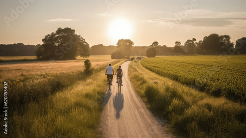 Young couple cycling through countryside on summer evening