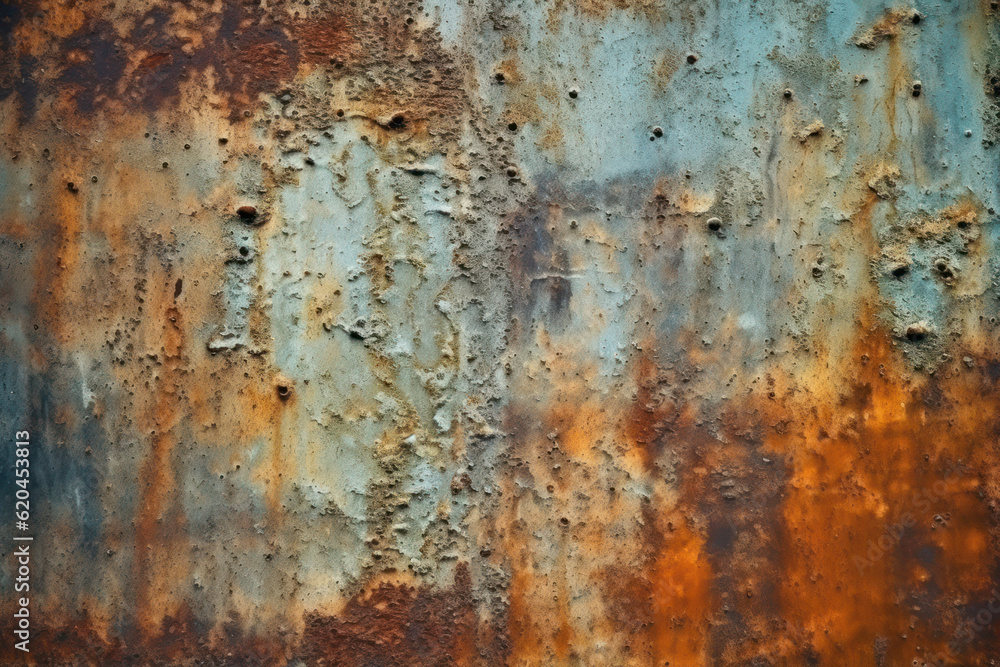 Close-up of rusted or corroded metal surfaces with a gritty texture, creating a grunge aesthetic. Generative AI.