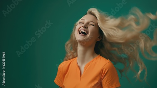 Successful blonde woman with orange clothes enjoying the moment. Generative AI