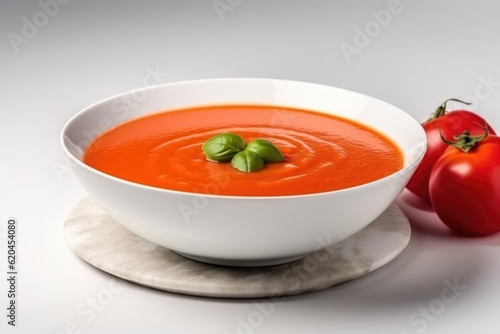 Creamy tomato soup served in bowl with tomatos lying around