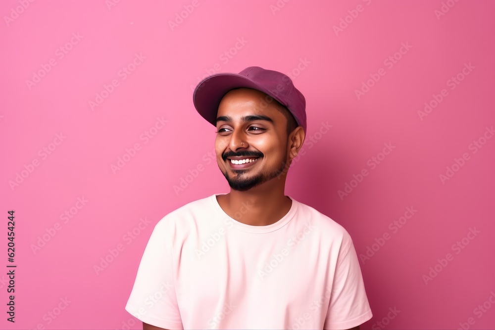 Handsome Indian guy laughing on pink background. Generative AI