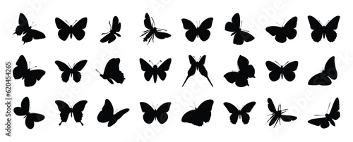 Set of butterfly silhouette vector. Butterflies, moth and insect in different wings style shapes, flying. Hand drawn black insect illustration for logo design, sticker, cover, y2k design, icons.