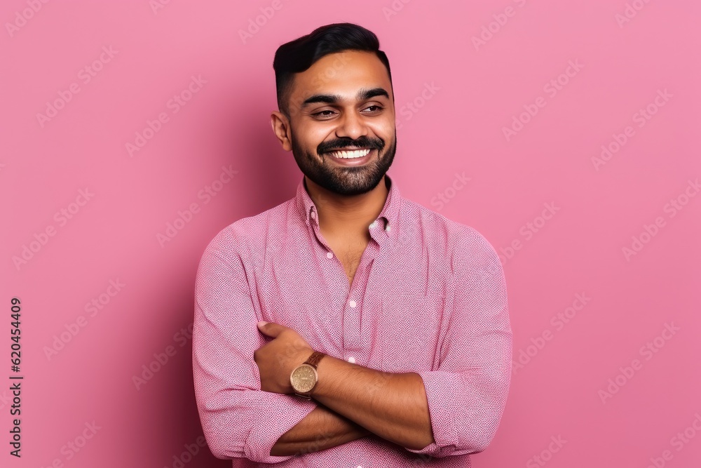 Obraz premium Handsome Indian guy laughing on pink background. Generative AI