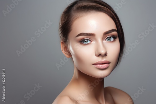 Beautiful face of a young woman with perfect health skin on light background. Generative AI