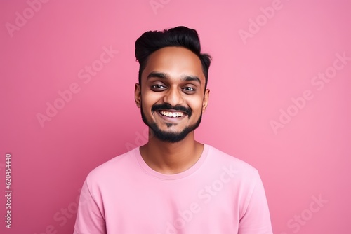 Handsome Indian guy laughing on pink background. Generative AI