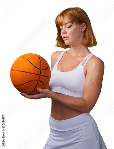 Basketball, woman and ready for sports game, challenge and performance isolated on transparent png background. Athlete, young female person and player focus on orange ball for competition training © Suresh Heyt/peopleimages.com