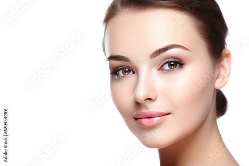 Beautiful face of a young woman with perfect health skin on light background. Generative AI