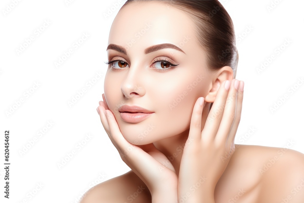 Beautiful face of a young woman with perfect health skin on light background. Generative AI Beautiful face of a young woman with perfect health skin on light background. Generative AI