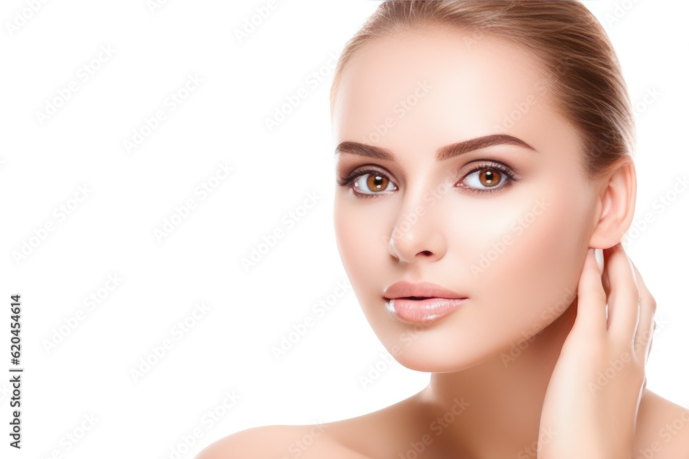 Beautiful face of a young woman with perfect health skin on light background. Generative AI