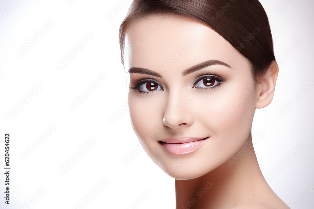 Beautiful face of a young woman with perfect health skin on light background. Generative AI Beautiful face of a young woman with perfect health skin on light background. Generative AI