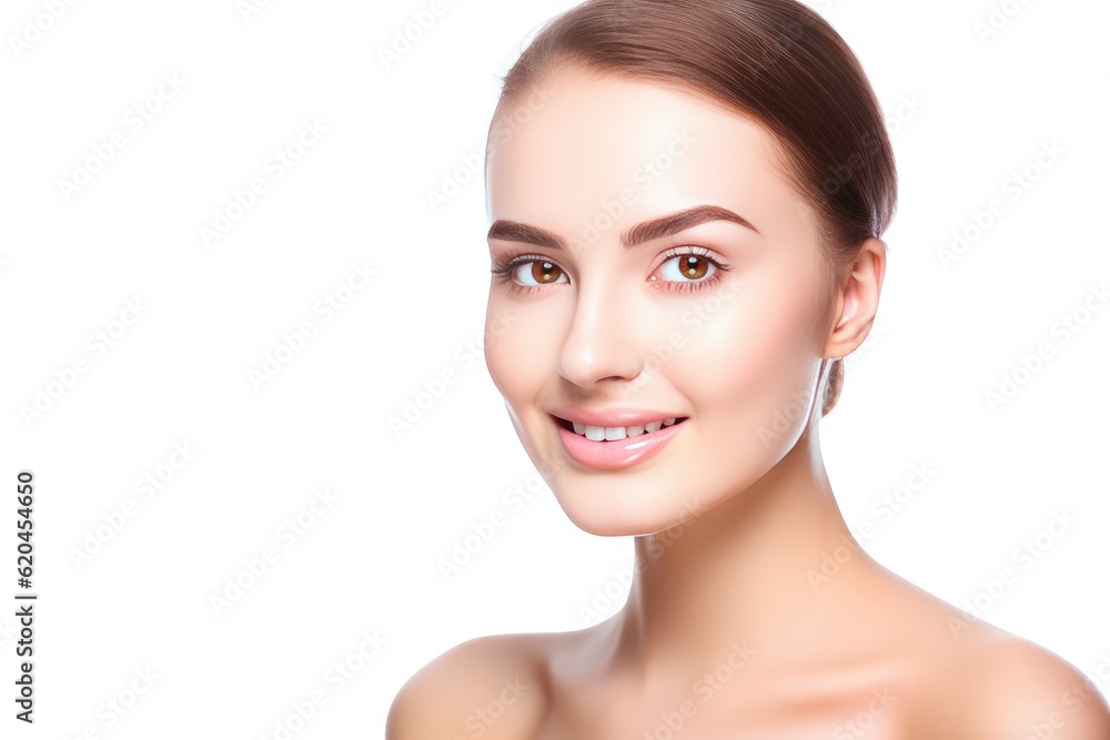 Beautiful face of a young woman with perfect health skin on light background. Generative AI Beautiful face of a young woman with perfect health skin on light background. Generative AI