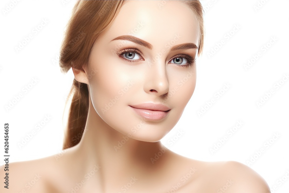 Beautiful face of a young woman with perfect health skin on light background. Generative AI Beautiful face of a young woman with perfect health skin on light background. Generative AI