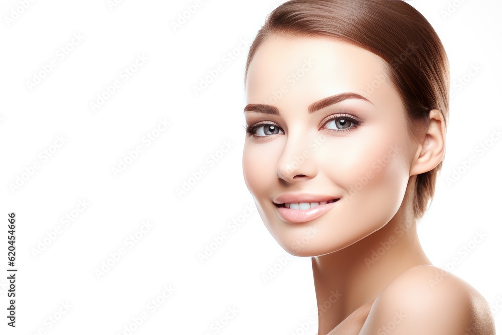 Beautiful face of a young woman with perfect health skin on light background. Generative AI Beautiful face of a young woman with perfect health skin on light background. Generative AI